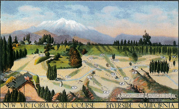 A photo showing a sketch of the orginal golf course lay out at Victoria Club, Riverside California
